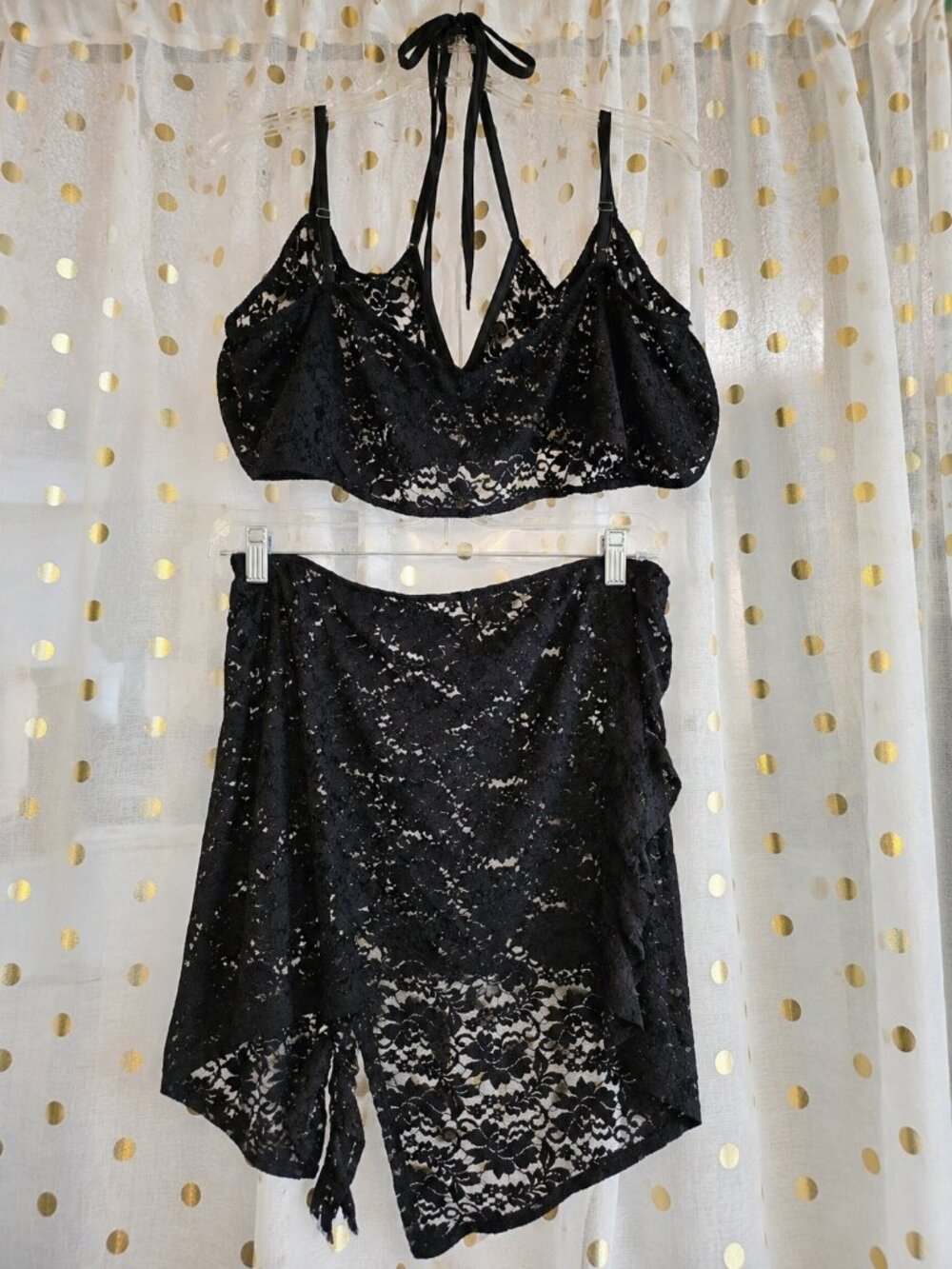 Temu Black Lace 2 Piece Lingerie Set Women's 5XL Fits US 3X Bralette & Skirt